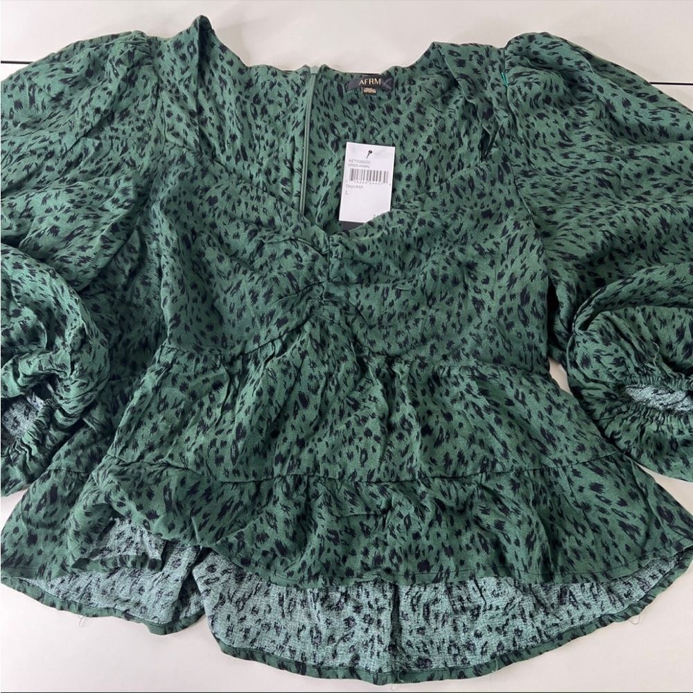 NWT afrm leopard green‎ peasant blouse L